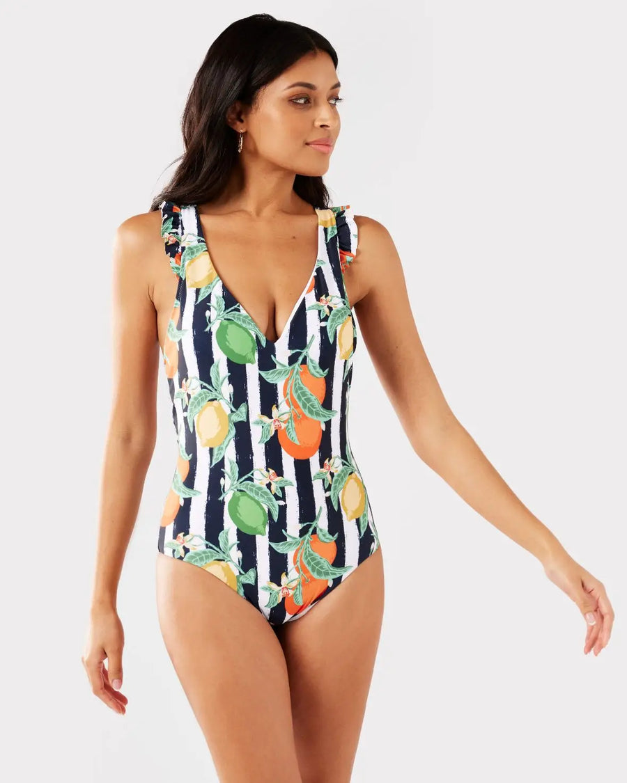 Navy and white citrus print swimsuit