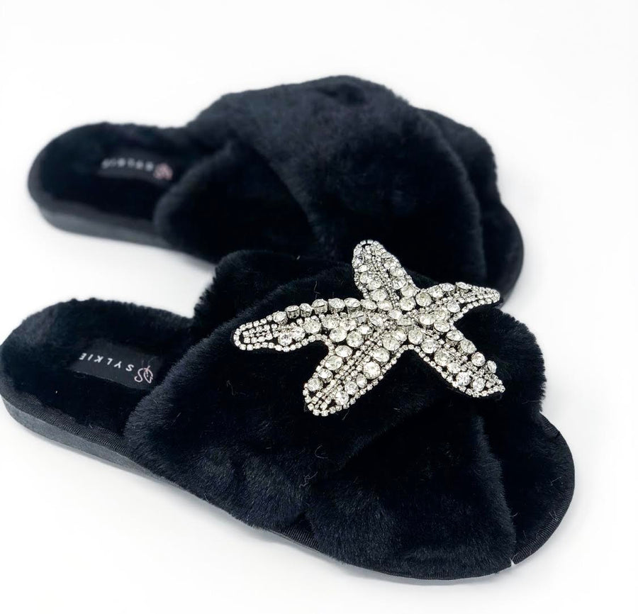 Silver Starfish Cross Slipper Black