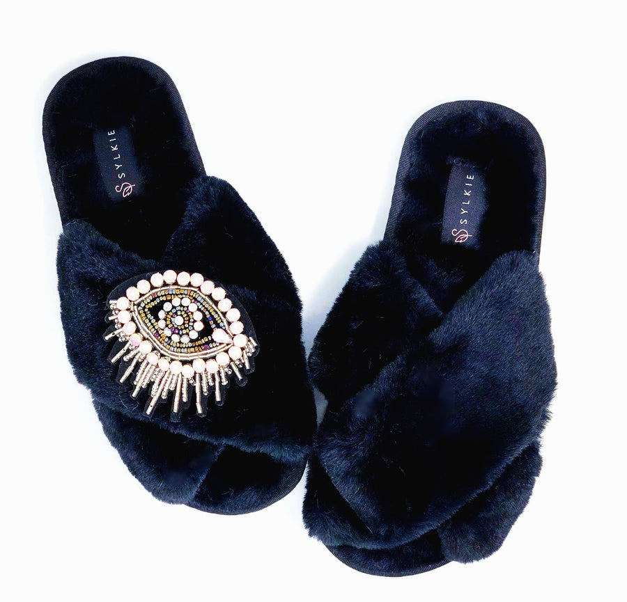 Venetian Eye Cross Slipper Black